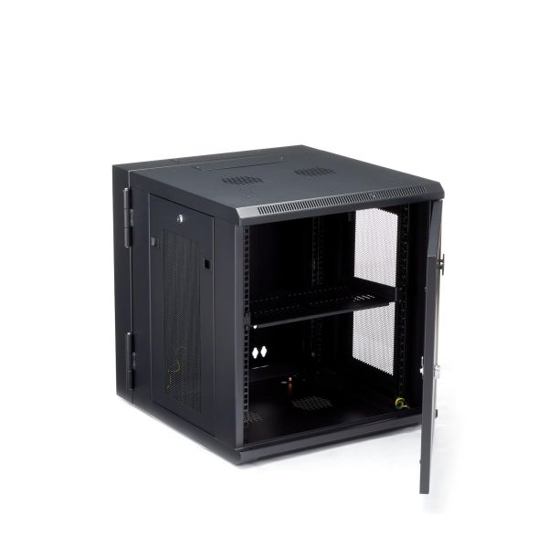 StarTech.com 4 Post 12U Wandmonteerbare Netwerkkast met 1U Schap, 19" Scharnierende Patchkast voor Data/AV/Electronica/Computer Apparatuur, Veelzijdig Geventileerd Server Rack, Vergrendelbaar (RK1224WALHM)
