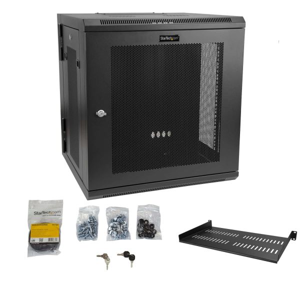 StarTech.com 4 Post 12U Wandmonteerbare Netwerkkast met 1U Schap, 19" Scharnierende Patchkast voor Data/AV/Electronica/Computer Apparatuur, Veelzijdig Geventileerd Server Rack, Vergrendelbaar (RK1224WALHM)