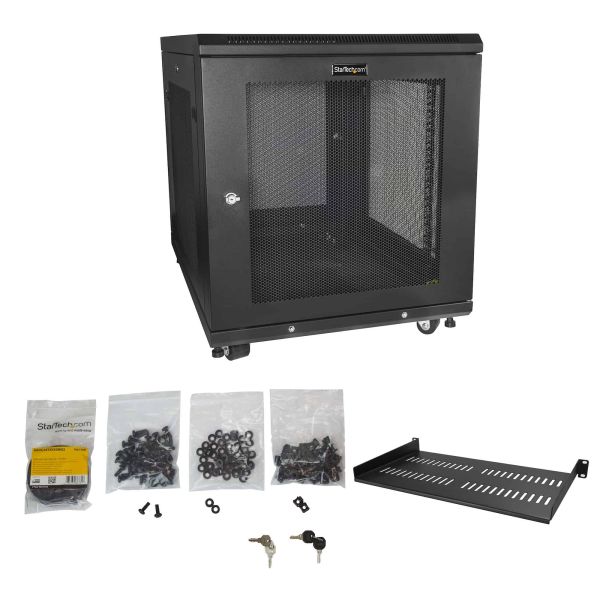 StarTech.com 12U 19” Server Rack Cabinet, 4 Post, Verstelbare Diepte (5 tot 76cm), IT Rack voor Netwerkapparatuur op Wielen met Schap & Kabel Management, Dell PowerEdge HP ProLiant ThinkServer (RK1233BKM)