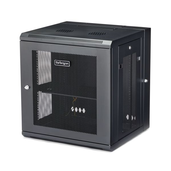 StarTech.com 4 Post 12U Wandmonteerbare Netwerkkast met 1U Schap, 19" Scharnierende Patchkast voor Data/AV/Electronica/Computer Apparatuur, Veelzijdig Geventileerd Server Rack, Vergrendelbaar (RK12WALHM)