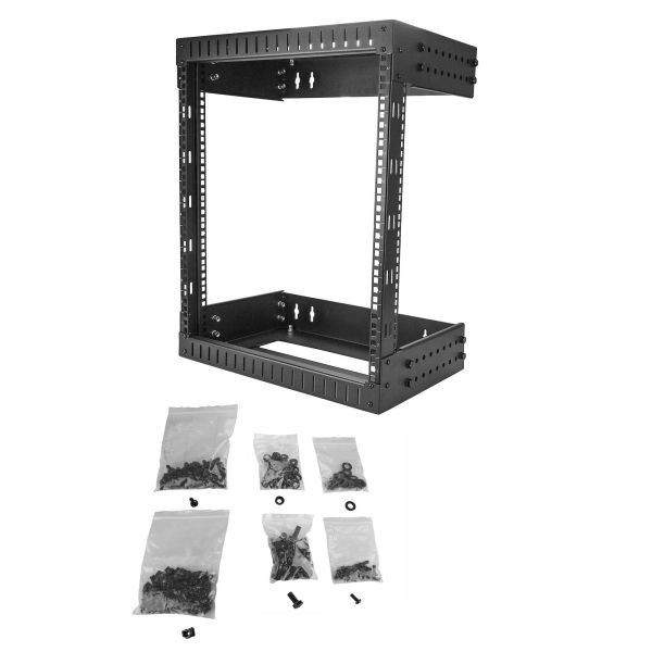 StarTech.com 2 Post 12U Heavy-Duty Wandmonteerbare Server Rack, 19" Open Frame Netwerk Rack met Verstelbare Diepte, Data Rack voor IT/AV/Patchpaneel/Computer Apparatuur, Incl Kooimoeren en Schroeven (RK12WALLOA)