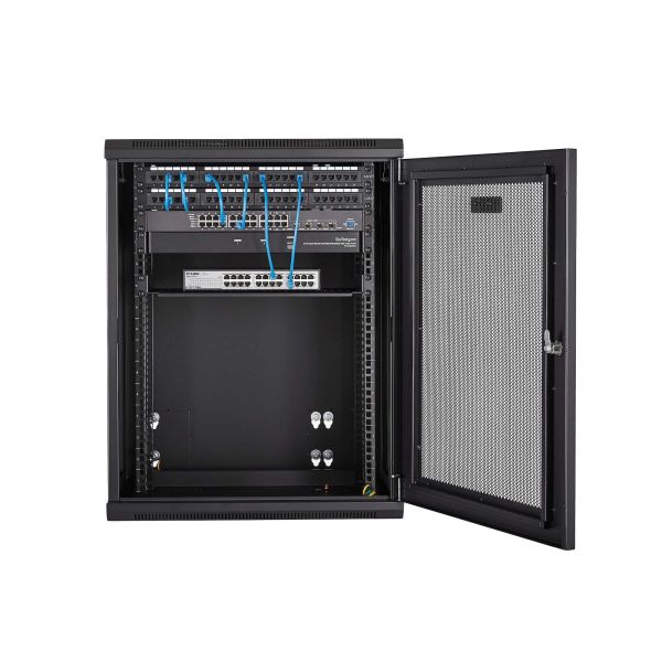 StarTech.com 15U 19" Wandmonteerbaar Netwerk Cabinet, Diepte 40cm (16"), Afsluitbaar IT Rack voor Netwerk Switch/Apparatuur, Geventileerd Data Rack met Schap & Zijpanelen, Voorgemonteerd (RK1520WALHM)