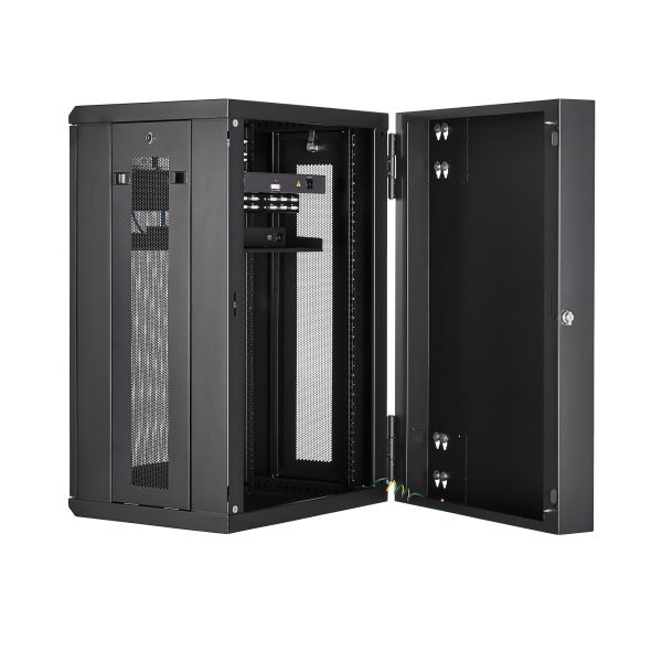 StarTech.com 4 Post 18U Wandmonteerbare Netwerkkast met 1U Schap, 19" Scharnierende Patchkast voor Data/AV/Electronica/Computer Apparatuur, Veelzijdig Geventileerd Server Rack, Vergrendelbaar (RK1820WALHM)
