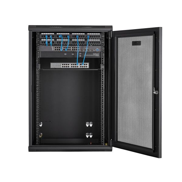 StarTech.com 4 Post 18U Wandmonteerbare Netwerkkast met 1U Schap, 19" Scharnierende Patchkast voor Data/AV/Electronica/Computer Apparatuur, Veelzijdig Geventileerd Server Rack, Vergrendelbaar (RK1820WALHM)