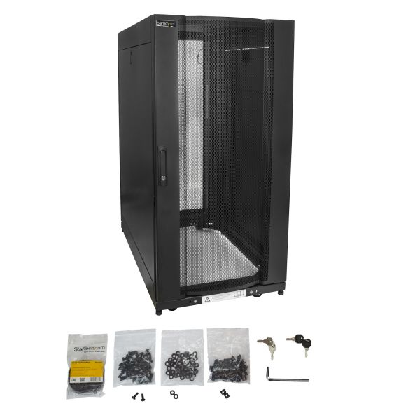 StarTech.com 4 Post 25U Netwerkkast, Vergrendelbare 19" Patchkast voor Computer / AV / IT / Data Apparatuur, Server Rack voor Bureau/Thuis met Wielen & Verstelbare Montagerails (RK2537BKM)