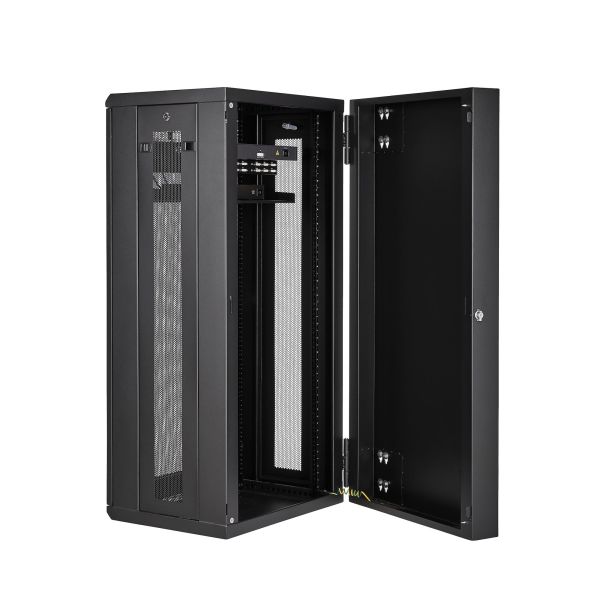 StarTech.com 4 Post 26U Wandmonteerbare Netwerkkast met 1U Schap, 19" Scharnierende Patchkast voor Data/AV/Electronica/Computer Apparatuur, Veelzijdig Geventileerd Server Rack, Vergrendelbaar (RK2620WALHM)