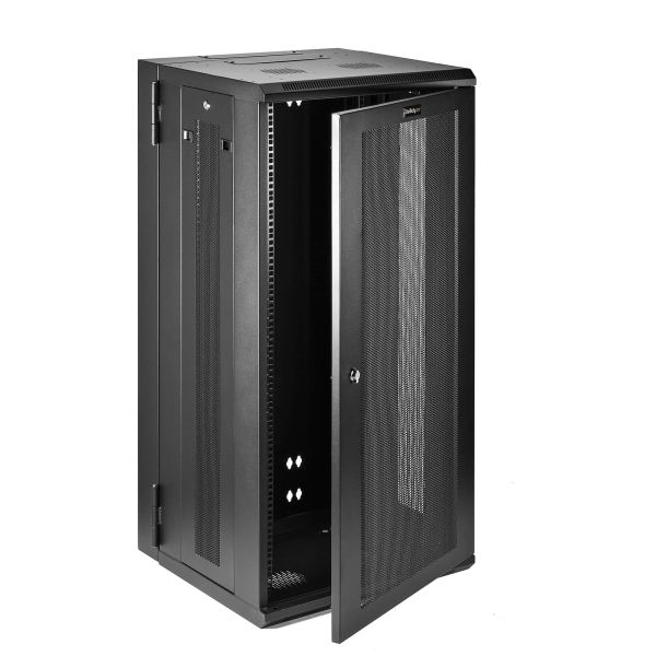 StarTech.com 4 Post 26U Wandmonteerbare Netwerkkast met 1U Schap, 19" Scharnierende Patchkast voor Data/AV/Electronica/Computer Apparatuur, Veelzijdig Geventileerd Server Rack, Vergrendelbaar (RK2620WALHM)