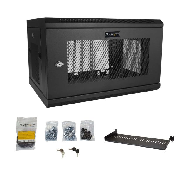 StarTech.com 2 Post 6U Wandmonteerbare Netwerkkast met 1U Schap, 19" Scharnierende Patchkast voor Data/AV/Electronica/Computer Apparatuur, Veelzijdig Geventileerd Server Rack, Vergrendelbaar (RK616WALM)