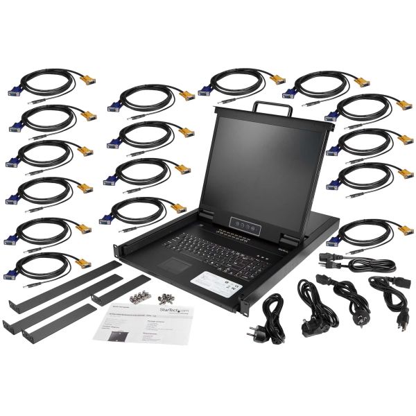 StarTech.com 16 port KVM Rack Console met 1,8m Lange Kabels, Geïntegreerde KVM Switch met 19" LCD Scherm, Universele 1U LCD KVM Console, OSD KVM, Duurzaam 50000 MTBF, USB + VGA Support, QWERTY Keyboard (RKCONS1916K)
