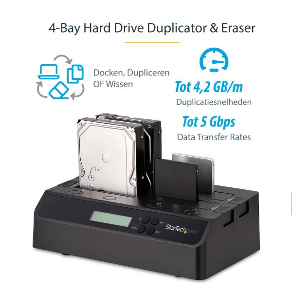 StarTech.com 4-Bay Hard Drive Cloner en Wisser, Standalone 1:3 HDD/SSD Kloner/Copier/Earser, USB 3.0/eSATA naar SATA Docking Station, Hard Disk Duplicator en Secure Erase Dock, Toolless/Top-Loading Ontwerp (SATDOCK4U3RE) 5/8 StarTech.com 4-Bay Hard Drive Cloner en Wisser, Standalone 1:3 HDD/SSD Kloner/Copier/Earser, USB 3.0/eSATA naar SATA Docking Station, Hard Disk Duplicator en Secure Erase Dock, Toolless/Top-Loading Ontwerp (SATDOCK4U3RE)
