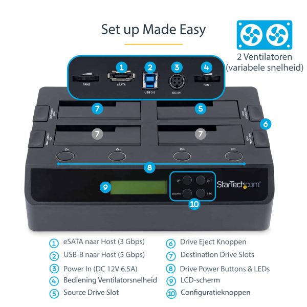 StarTech.com 4-Bay Hard Drive Cloner en Wisser, Standalone 1:3 HDD/SSD Kloner/Copier/Earser, USB 3.0/eSATA naar SATA Docking Station, Hard Disk Duplicator en Secure Erase Dock, Toolless/Top-Loading Ontwerp (SATDOCK4U3RE) 5/8 StarTech.com 4-Bay Hard Drive Cloner en Wisser, Standalone 1:3 HDD/SSD Kloner/Copier/Earser, USB 3.0/eSATA naar SATA Docking Station, Hard Disk Duplicator en Secure Erase Dock, Toolless/Top-Loading Ontwerp (SATDOCK4U3RE)