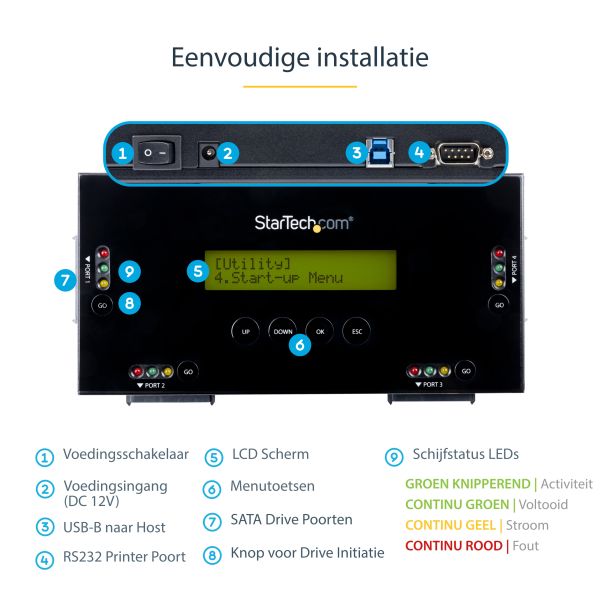 StarTech.com 4 Bay SSD/HDD Hard Drive Eraser, 2.5" & 3.5" SATA, Hostless Externe Standalone Disk Wiper/Sanitizer, 9 Erase Modes, RS232 Printer Port, NIST/DOD & TAA Compliant (SATERASER4)