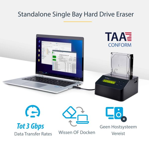 StarTech.com Single Bay Hard Drive Wisser, Standalone HDD/SSD Sanitizer/Eraser, USB 3.0 naar SATA II (3 Gbps), 9 Wismodi, LCD Display, Hard Disk Secure Erase Dock, DB-9 Printer Poort, NIST/DOD & TAA Compliant (SDOCK1EU3P)
