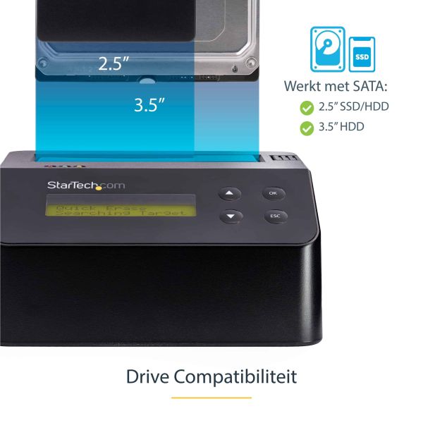 StarTech.com Single Bay Hard Drive Wisser, Standalone HDD/SSD Sanitizer/Eraser, USB 3.0 naar SATA II (3 Gbps), 9 Wismodi, LCD Display, Hard Disk Secure Erase Dock, DB-9 Printer Poort, NIST/DOD & TAA Compliant (SDOCK1EU3P)
