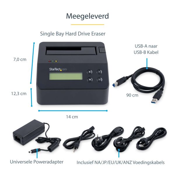 StarTech.com Single Bay Hard Drive Wisser, Standalone HDD/SSD Sanitizer/Eraser, USB 3.0 naar SATA II (3 Gbps), 9 Wismodi, LCD Display, Hard Disk Secure Erase Dock, DB-9 Printer Poort, NIST/DOD & TAA Compliant (SDOCK1EU3P)