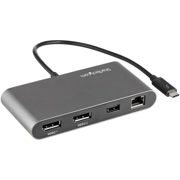 StarTech.com Dual-Monitor Thunderbolt Mini Dock, 4K 60Hz DisplayPort, Driverloze Hub voor Windows & Mac, Gigabit Ethernet, 1x USB-A (USB 5Gbps), 28cm Kabel (TB3DKM2DPL)