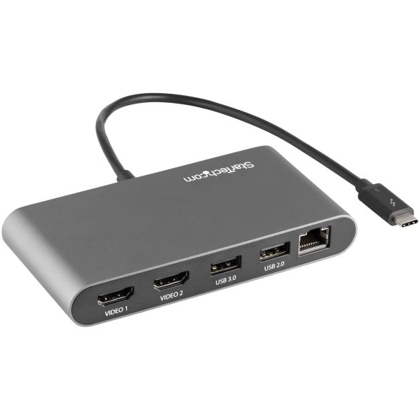 StarTech.com Thunderbolt 3 Mini Dock, Draagbare Dual Monitor Docking Station met HDMI 4K 60Hz, 2x USB-A Hub (USB 3.0/2.0), GbE, 28cm Kabel, TB3 Multiport Adapter, Mac/Windows (TB3DKM2HDL)