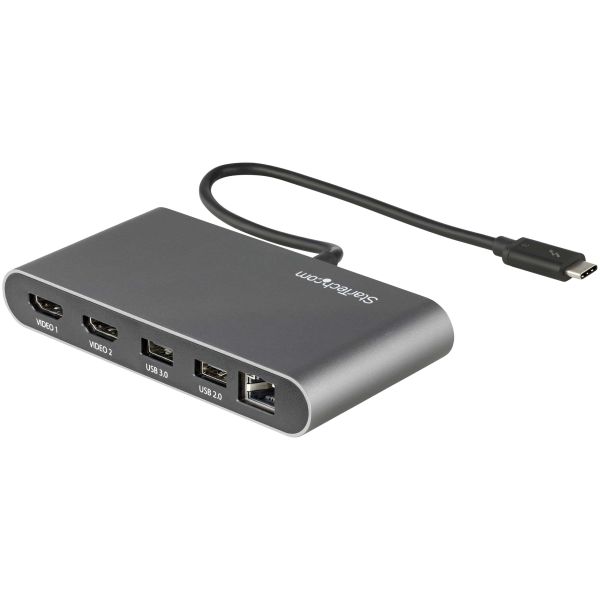 StarTech.com Thunderbolt 3 Mini Dock, Draagbare Dual Monitor Docking Station met HDMI 4K 60Hz, 2x USB-A Hub (USB 3.0/2.0), GbE, 28cm Kabel, TB3 Multiport Adapter, Mac/Windows (TB3DKM2HDL)