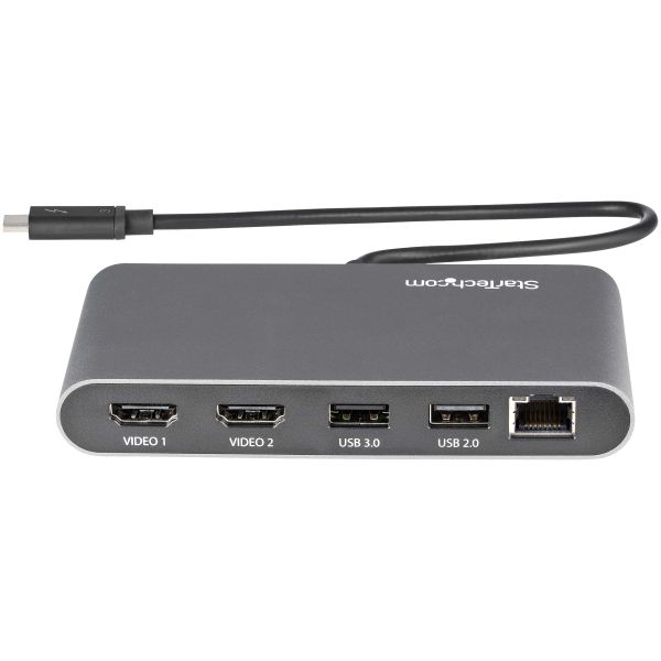 StarTech.com Thunderbolt 3 Mini Dock, Draagbare Dual Monitor Docking Station met HDMI 4K 60Hz, 2x USB-A Hub (USB 3.0/2.0), GbE, 28cm Kabel, TB3 Multiport Adapter, Mac/Windows (TB3DKM2HDL)