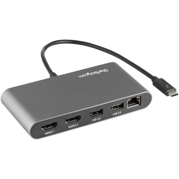 StarTech.com Thunderbolt 3 Mini Dock, Draagbare Dual Monitor Docking Station met HDMI 4K 60Hz, 2x USB-A Hub (USB 3.0/2.0), GbE, 28cm Kabel, TB3 Multiport Adapter, Mac/Windows (TB3DKM2HDL)
