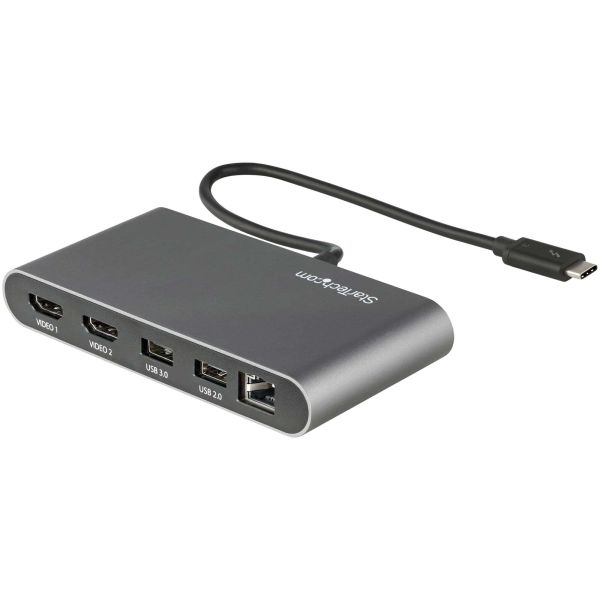 StarTech.com Dual-Monitor Thunderbolt Mini Dock, 4K 60Hz HDMI, Driverloze Hub voor Windows & Mac, Gigabit Ethernet, 1x USB-A (USB 5Gbps), 28cm Kabel (TB3DKM2HDL)
