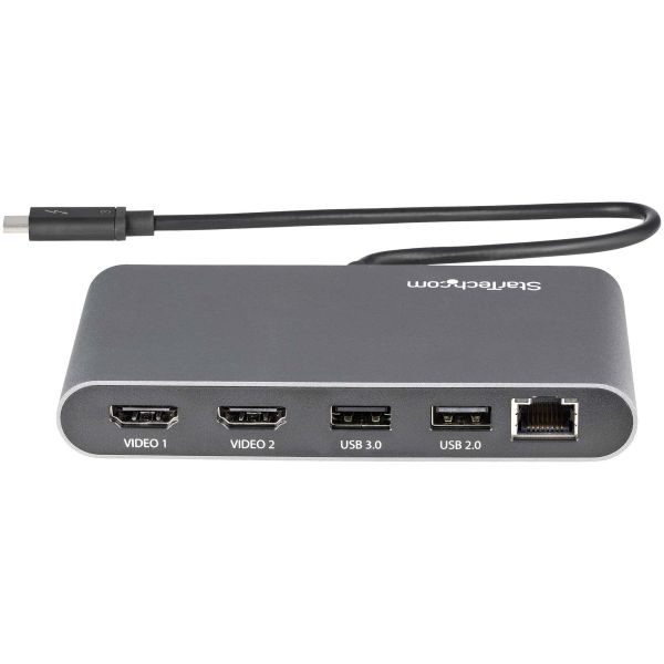 StarTech.com Dual-Monitor Thunderbolt Mini Dock, 4K 60Hz HDMI, Driverloze Hub voor Windows & Mac, Gigabit Ethernet, 1x USB-A (USB 5Gbps), 28cm Kabel (TB3DKM2HDL)