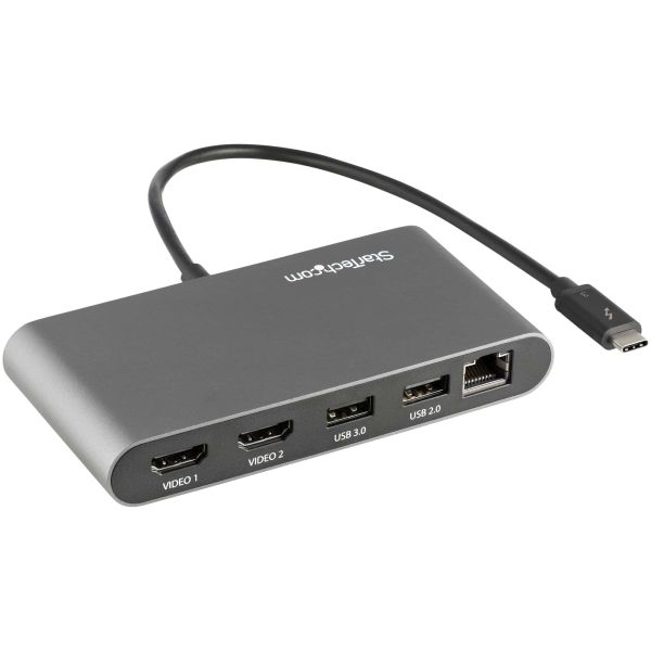 StarTech.com Dual-Monitor Thunderbolt Mini Dock, 4K 60Hz HDMI, Driverloze Hub voor Windows & Mac, Gigabit Ethernet, 1x USB-A (USB 5Gbps), 28cm Kabel (TB3DKM2HDL)