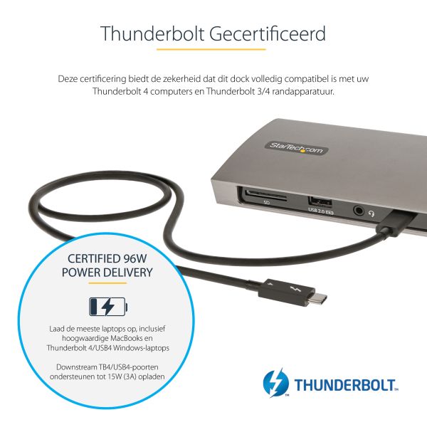StarTech.com Thunderbolt 4 Dock, 96W Power Delivery, Single 8K/Dual Monitor 4K 60Hz, 3xTB4/USB4 ports, 4xUSB-A, SD, GbE, Thunderbolt 4 Docking Station voor Windows of TB3 MacBook, 0.8m Kabel