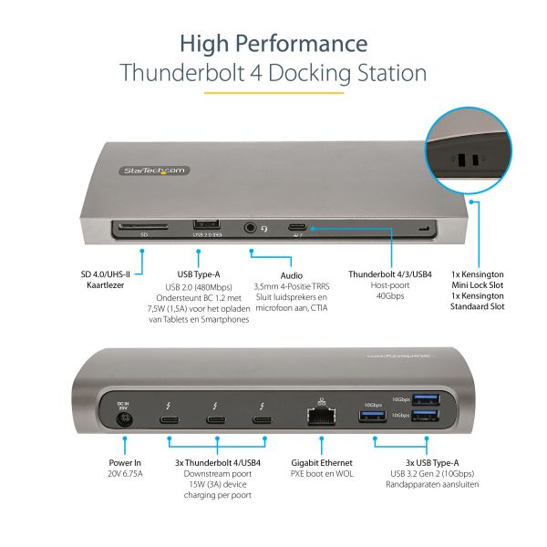 StarTech.com Thunderbolt 4 Dock, 96W Power Delivery, Single 8K/Dual Monitor 4K 60Hz, 3xTB4/USB4 ports, 4xUSB-A, SD, GbE, Thunderbolt 4 Docking Station voor Windows of TB3 MacBook, 0.8m Kabel