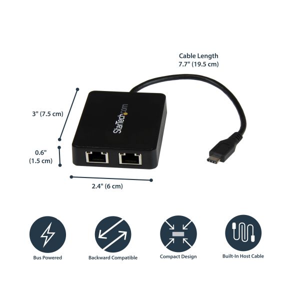 StarTech.com USB-C naar dual Gigabit Ethernet adapter met USB (Type-A) poort (US1GC301AU2R)