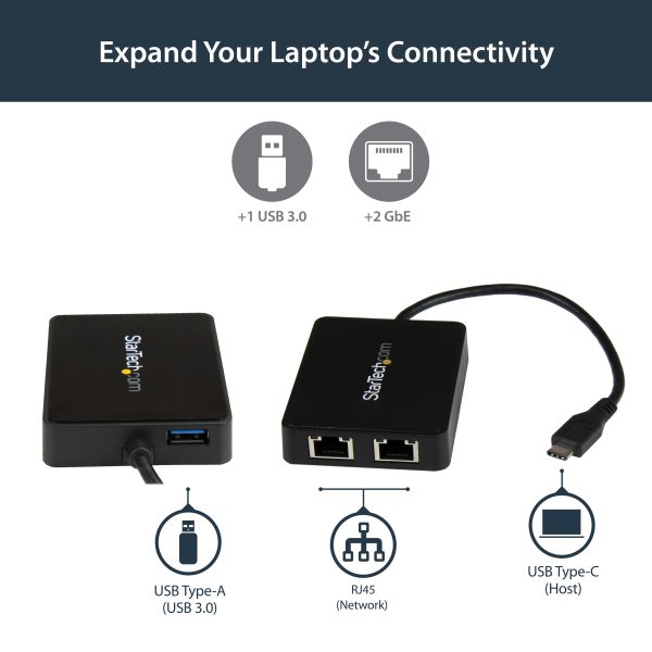 StarTech.com USB-C naar dual Gigabit Ethernet adapter met USB (Type-A) poort (US1GC301AU2R)