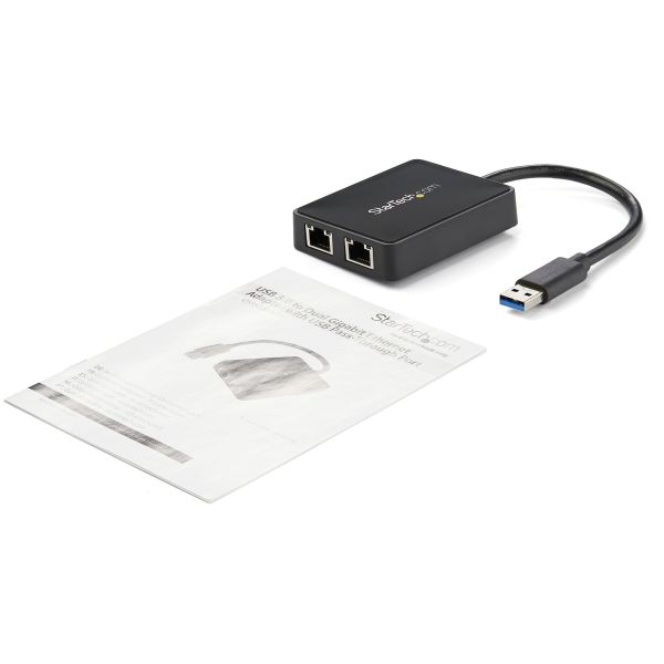 StarTech.com USB 3.0 naar Dual Port Gigabit Ethernet Adapter, USB 3.0 Netwerkadapter NIC met USB Poort, USB naar 2x RJ45 LAN GbE Adapter, USB Passthrough