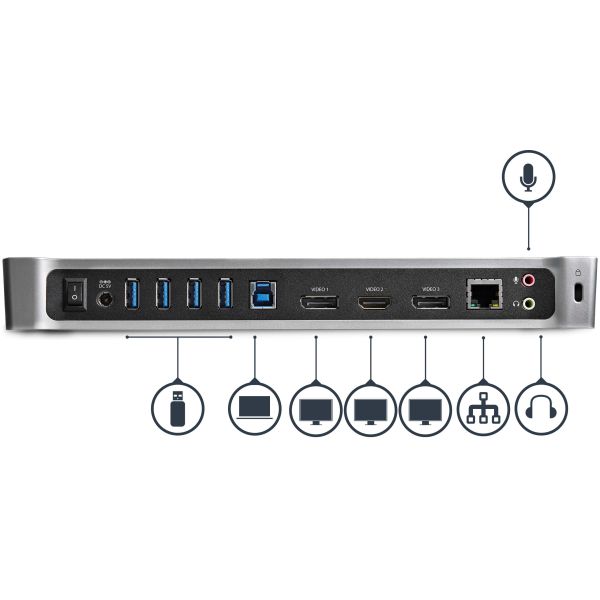 StarTech.com Triple Monitor USB 3.0 Docking Station met 2x 4K DisplayPort & HDMI - 5 Port USB-A Hub (1x Fast-Charge), 3.5mm Audio, GbE - USB Type A Universeel Laptop Dock voor MacOS / Windows (USB3DOCKH2DP)