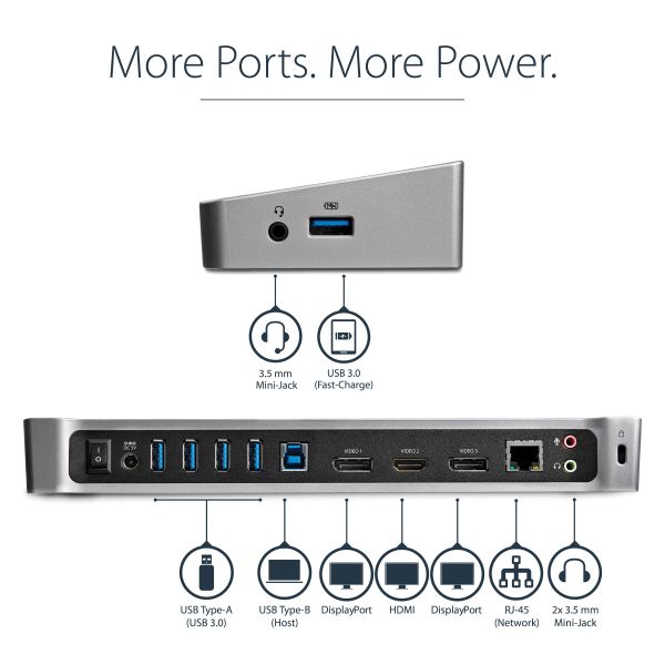 StarTech.com Triple Monitor USB 3.0 Docking Station met 2x 4K DisplayPort & HDMI - 5 Port USB-A Hub (1x Fast-Charge), 3.5mm Audio, GbE - USB Type A Universeel Laptop Dock voor MacOS / Windows (USB3DOCKH2DP)