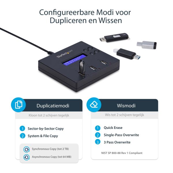 StarTech.com Standalone 1 naar 2 USB Thumb Drive Cloner en Wisser, Multiple USB Flash Drive Kloner, System/File/Whole-Drive Copy aan 1.5 GB/min, Single en 3-Pass Erase, LCD Display (USBDUP12)