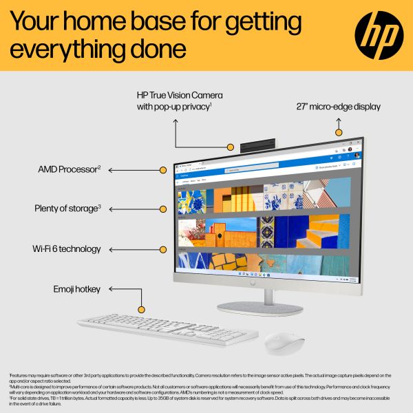 HP 27-cr0000na AMD Ryzen 7 7730U 16GB RAM 512GB SSD 27  Windows 11 Home All-in-One PC - White - BM5L9EA#ABU (BM5L9EA)