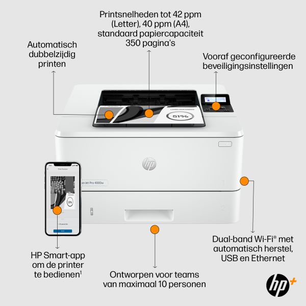 HP LaserJet Pro HP 4002dwe printer, Zwart-wit, Printer voor Kleine en middelgrote ondernemingen, Print, Draadloos; HP+; Geschikt voor HP Instant Ink; Printen vanaf een telefoon of tablet (2Z606E#B19)