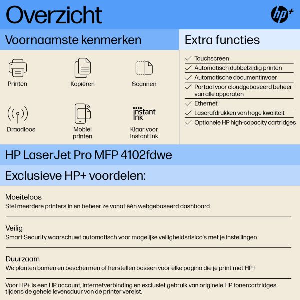 HP LaserJet Pro MFP 4102fdwe printer, Zwart-wit, Printer voor Kleine en middelgrote ondernemingen, Printen, kopiëren, scannen, faxen, Dubbelzijdig printen; Dubbelzijdig scannen; Scannen naar e-mail; USB-poort voorzijde (2Z624E#B19)