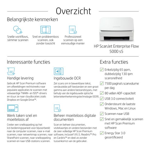 HP Scanjet Enterprise Flow 5000 s5 Paginascanner 600 x 600 DPI A4 Wit (6FW09A#B19)