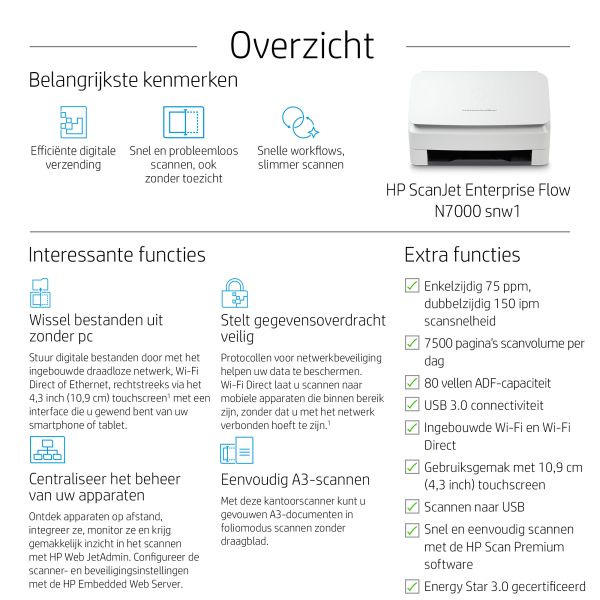 HP Scanjet Enterprise Flow N7000 Paginascanner 600 x 600 DPI A4 Wit (6FW10A#B19) HP Scanjet Enterprise Flow N7000 Paginascanner 600 x 600 DPI A4 Wit