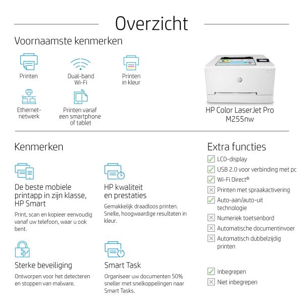 HP Color LaserJet Pro M255nw, Print, Optimale beveiliging; Dual-band Wi-Fi (7KW63A#B19) HP Color LaserJet Pro M255nw, Print, Optimale beveiliging; Dual-band Wi-Fi (7KW63A#B19)