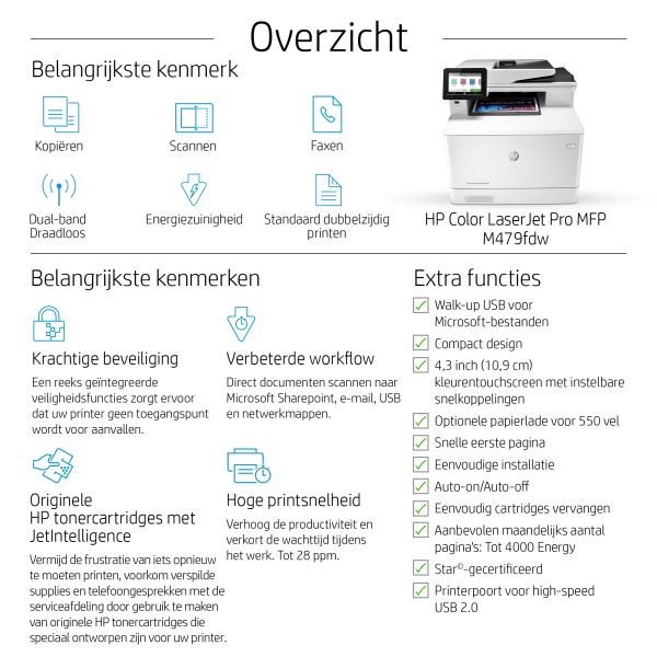 HP Color LaserJet Pro MFP M479fdw, Kleur, Printer voor Printen, kopiëren, scannen, fax, e-mail, Scannen naar e-mail/pdf; Dubbelzijdig printen; ADF voor 50 vel ongekruld (W1A80A#B19)