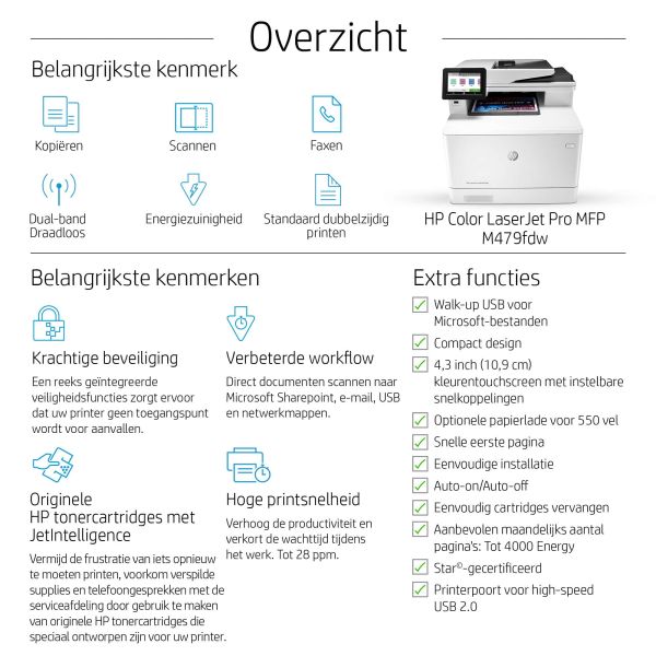 HP Color LaserJet Pro MFP M479fdw, Kleur, Printer voor Printen, kopiëren, scannen, fax, e-mail, Scannen naar e-mail/pdf; Dubbelzijdig printen; ADF voor 50 vel ongekruld (W1A80A#B19)