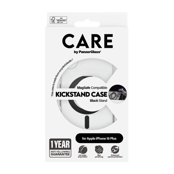 PanzerGlass CARE™ by ® Case Transparent w. Black Kickstand & MagSafe iPhone 16 Plus mobiele telefoon behuizingen Hoes Zwart (1323)