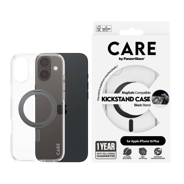 PanzerGlass CARE™ by ® Case Transparent w. Black Kickstand & MagSafe iPhone 16 Plus mobiele telefoon behuizingen Hoes Zwart (1323)