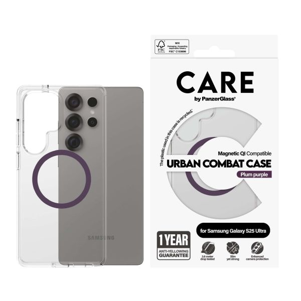 PanzerGlass CARE™ by ® Urban Combat Case Transparent w. Plum Purple Qi Compatible Samsung Galaxy S25 Ultra mobiele telefoon behuizingen Hoes Transparant (CRRFUTCG38488)