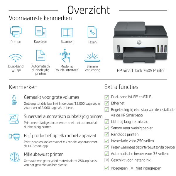 HP Smart Tank 7605 Draadloos All-in-One Kleur Printer, Dubbelzijdig printen; Kopieerapparaat, Scanner (28C02A) HP Smart Tank 7605 Draadloos All-in-One Kleur Printer, Dubbelzijdig printen; Kopieerapparaat, Scanner (28C02A)