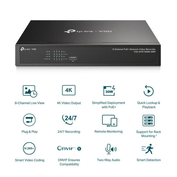 TP-Link VIGI NVR1008H-8MP Netwerk Video Recorder (NVR) Zwart (VIGI NVR1008H-8MP)