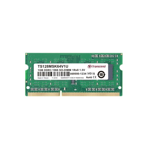 Transcend 1GB, DDR3, PC3-8500, 204pin DIMM, CL7, 128Mx8 geheugenmodule 1 x 8 GB 1066 MHz (TS128MSK64V1U)