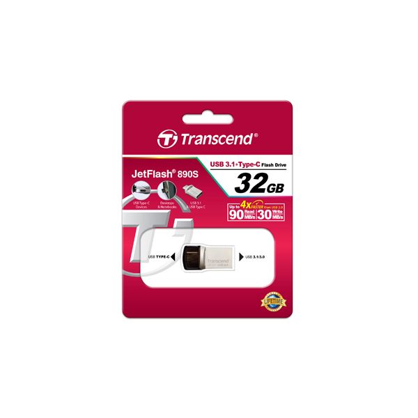 Transcend JetFlash 890 32GB USB flash drive USB Type-A / USB Type-C 3.2 Gen 1 (3.1 Gen 1) Zwart, Zilver (TS32GJF890S)